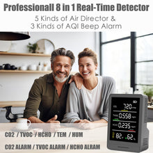 Load image into Gallery viewer, AIRRTEST Air Quality Monitor Indoor with 5 AQI &amp; 3 AQI Buzzer Alarm Functions, 8 in 1 Portable Real-Time Detector with CO2 | TVOC | HCHO | Temp | Hum for Home Cars Plants and Pets (Dark Black)
