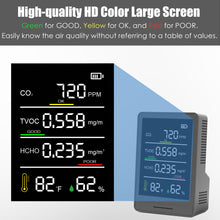 Load image into Gallery viewer, AIRRTEST Air Quality Monitor Indoor with 5 AQI &amp; 3 AQI Buzzer Alarm Functions, 8 in 1 Portable Real-Time Detector with CO2 | TVOC | HCHO | Temp | Hum for Home Cars Plants and Pets (Dark Black)
